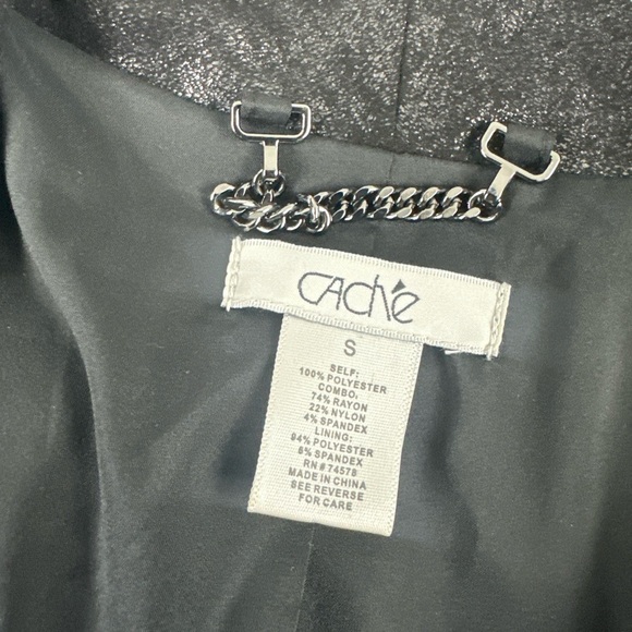 Cache Sz S Black Coated Drape Open Front Cardigan Sweater Side & Sleeve Zip - Picture 9 of 13